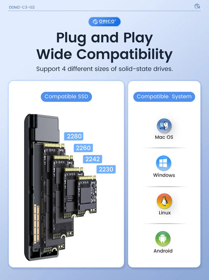 ORICO NVMe SATA Aluminum M.2 SSD Enclosure 10Gbps Tool Free M2 SSD Enclosure Solid State Drive Case Laptop Computer Accessories